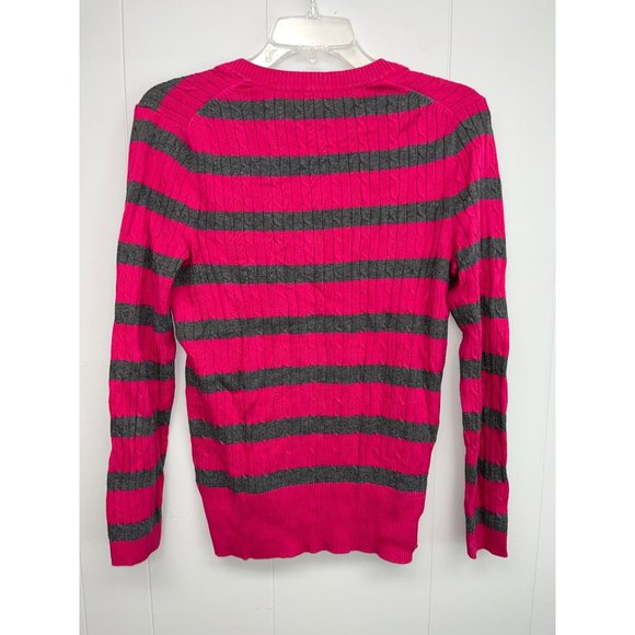 Tommy Hilfiger Women's Cable Knit Sweater Long Sleeve Magenta/Grey Strped Size M - Picture 6 of 6